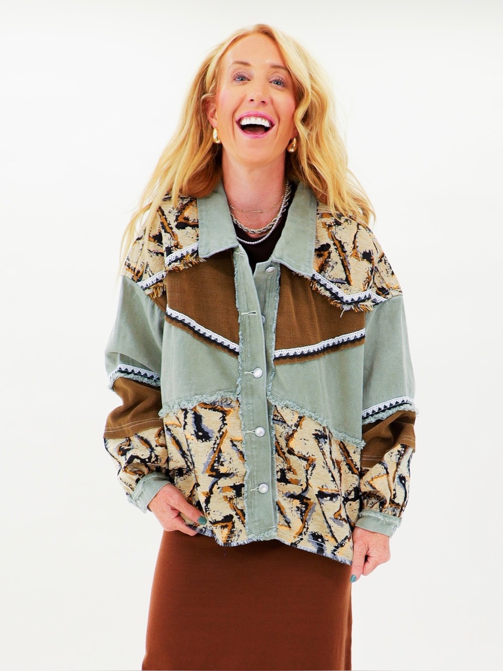 POL Bohemian Patchwork Western Tapestry/Corduroy Jacket - Picture 4 of 15